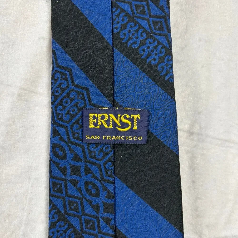 Vintage Ernst San Francisco Silk Tie – Cobalt Blue & Black Geometric Pattern